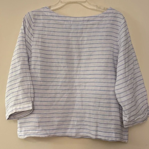 Martha Stewart Blue and White Striped Cropped Relaxes Fit Linen 3/4 Sleeve Top,M - Picture 6 of 6